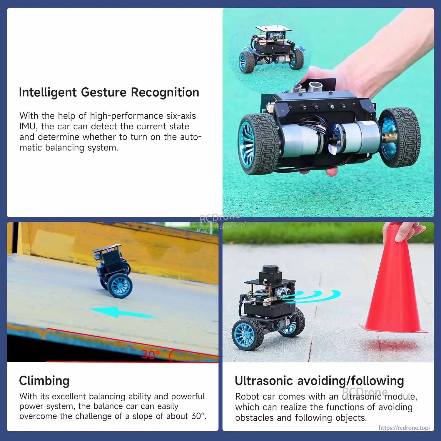 Use cases collage: gesture recognition, slope climbing, and ultrasonic obstacle avoiding/following demo