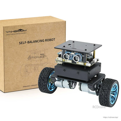 Yahboom self-balancing robot with retail box labeled "SELF-BALANCING ROBOT"