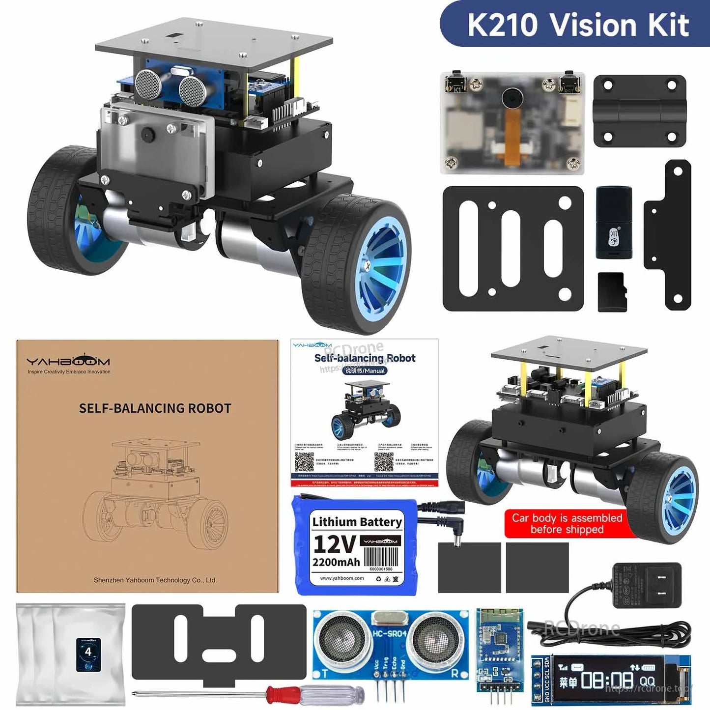 K210 vision kit contents layout with vision camera module, mounting plates, and standard accessories