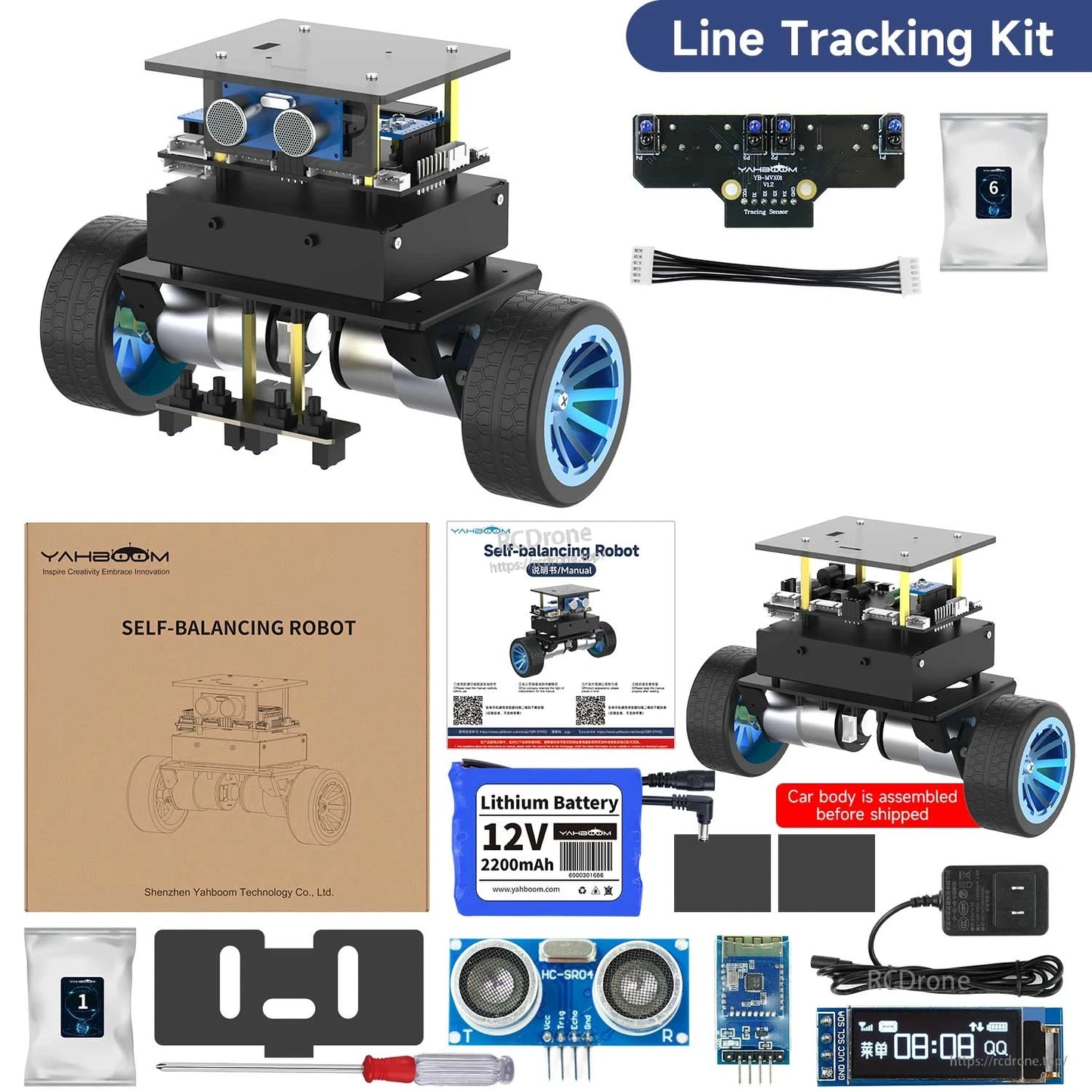 Line tracking kit contents layout with tracking sensor board and cables plus standard accessories