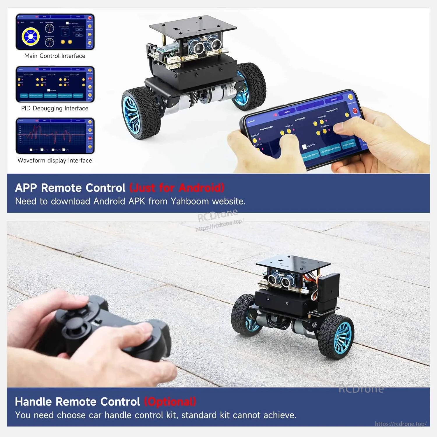 Remote control demo: Android app interface screenshots and optional gamepad handle control