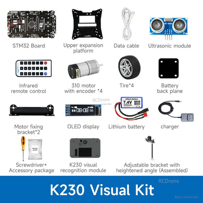 Yahboom smart car kit parts including STM32 board, ultrasonic sensor, OLED, K230 module, motors, wheels, battery