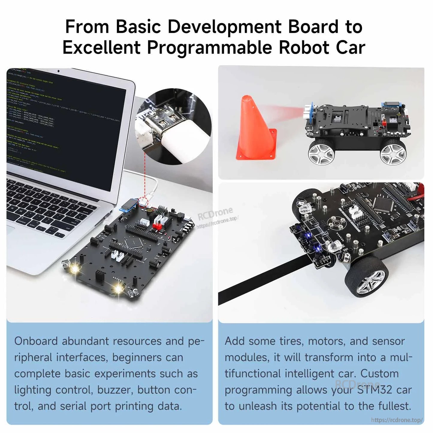Yahboom STM32 smart car 2-in-1 development board kit shown as a programmable robot car platform with wheels