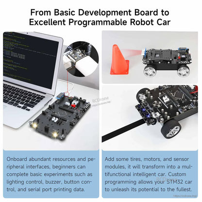 Yahboom STM32 smart car 2-in-1 development board kit shown as a programmable robot car platform with wheels