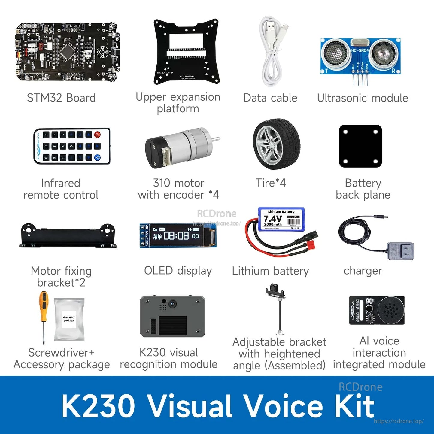 Components included in Yahboom STM32 smart car kit: STM32 board, ultrasonic sensor, OLED, K230 module, motors, wheels, battery and charger.