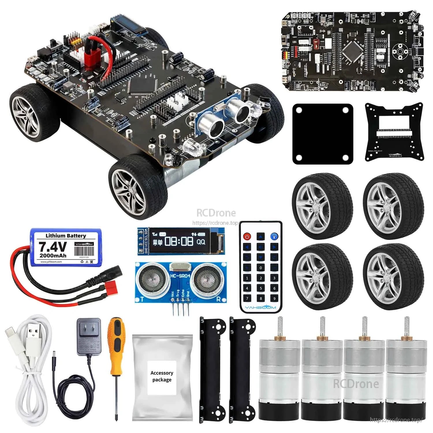 Yahboom STM32 smart car kit with controller board chassis, ultrasonic sensor, remote, battery, motors and wheels