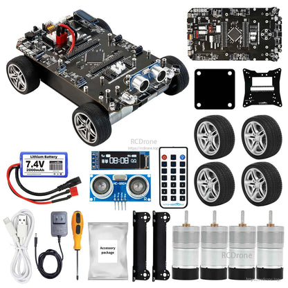Yahboom STM32 smart car kit with controller board chassis, ultrasonic sensor, remote, battery, motors and wheels