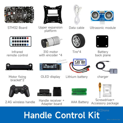 Yahboom STM32 smart car handle control kit parts layout with STM32 board, motors, wheels, ultrasonic sensor, OLED
