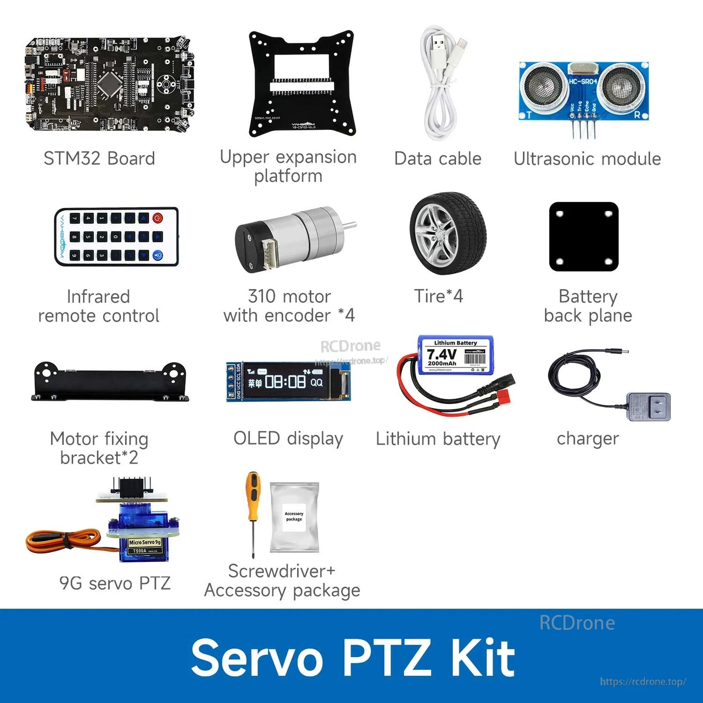 Yahboom STM32 smart car development kit parts list with STM32 board, ultrasonic sensor, motors, wheels, OLED and battery