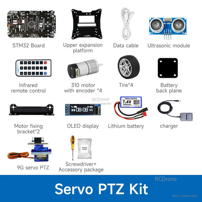Yahboom STM32 smart car development kit parts list with STM32 board, ultrasonic sensor, motors, wheels, OLED and battery