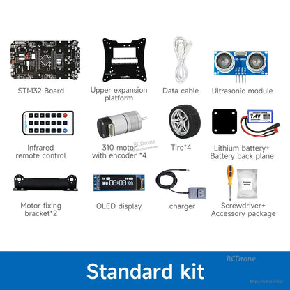 Yahboom STM32 smart car standard kit components including STM32 board, ultrasonic module, motors, wheels, battery and OLED display