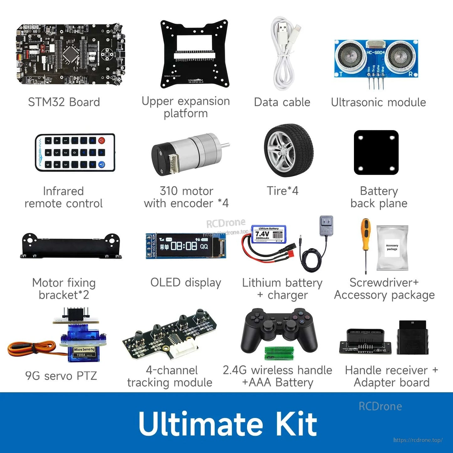 Yahboom STM32 smart car kit components including STM32 board, ultrasonic sensor, OLED, motors, wheels, battery and remote