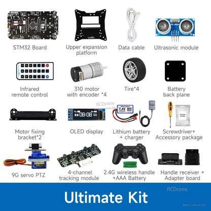 Yahboom STM32 smart car kit components including STM32 board, ultrasonic sensor, OLED, motors, wheels, battery and remote