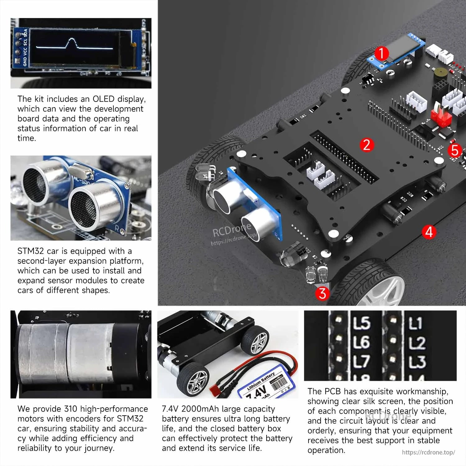 Yahboom STM32 smart car development board mounted on a 2‑wheel chassis with ultrasonic sensor, ports, and battery pack