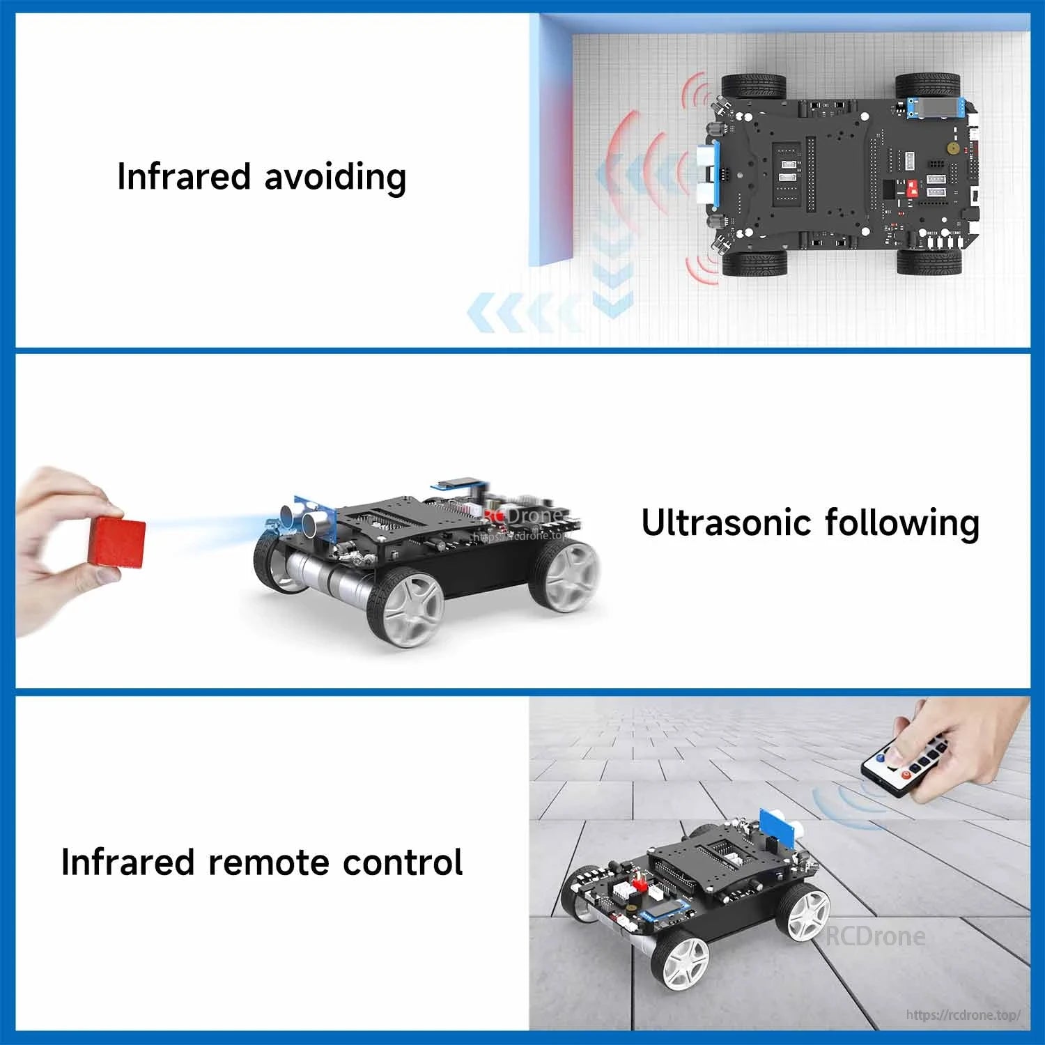 Yahboom STM32 smart car robot kit demonstrating infrared obstacle avoidance, ultrasonic following, and IR remote control