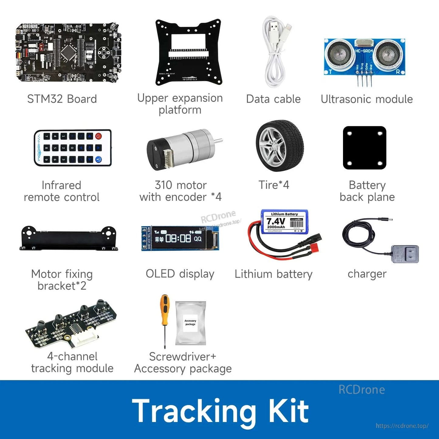 Yahboom STM32 smart car tracking kit components with STM32 board, ultrasonic sensor, motors, wheels, OLED, battery