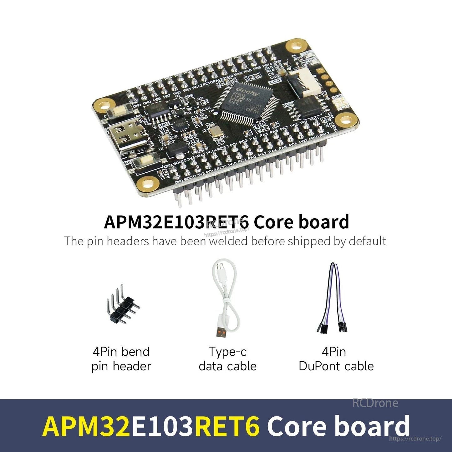 APM32E103RET6 core board kit contents: board with headers, 4-pin bent header, USB-C data cable, 4-pin Dupont cable