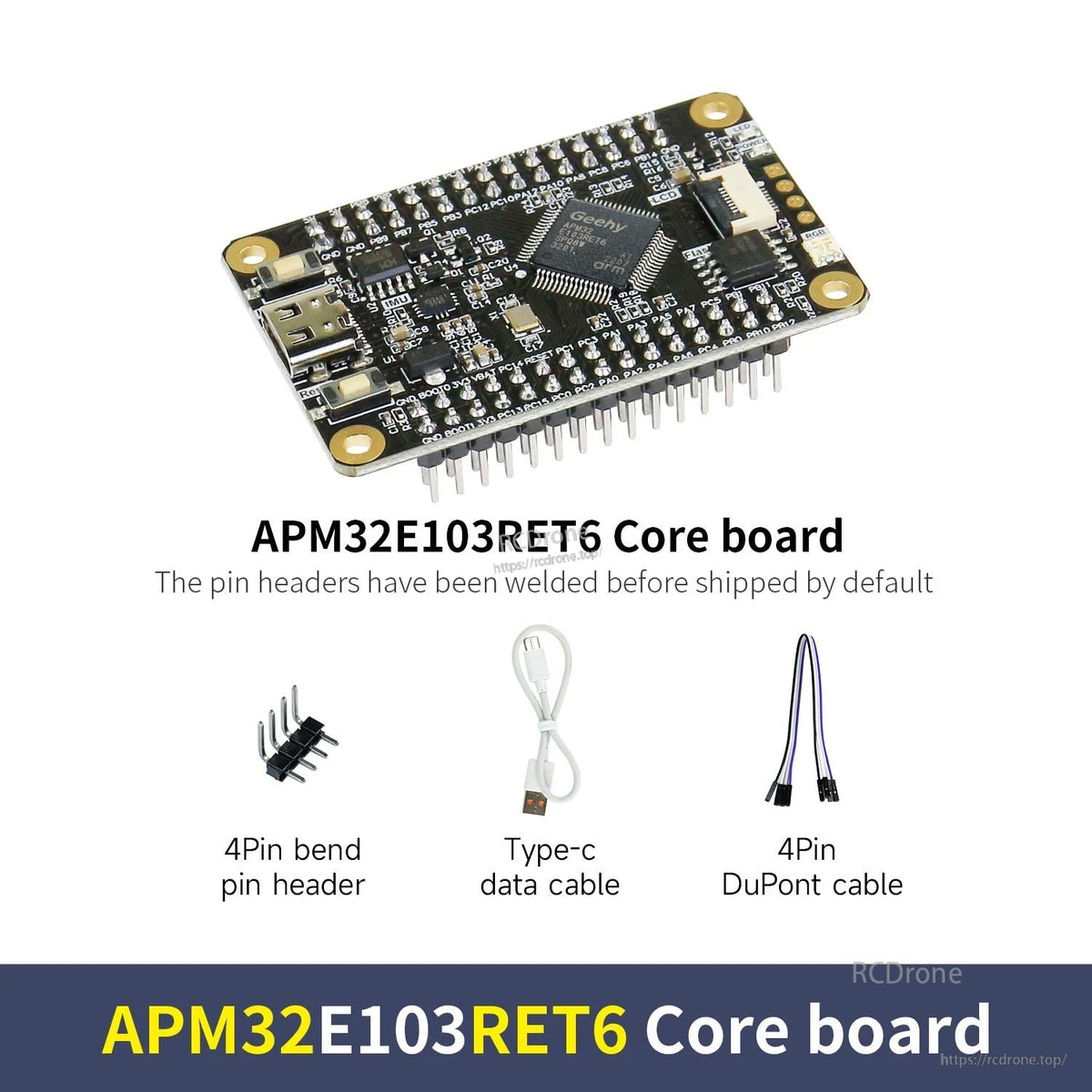 APM32E103RET6 core board kit contents: board with headers, 4-pin bent header, USB-C data cable, 4-pin Dupont cable