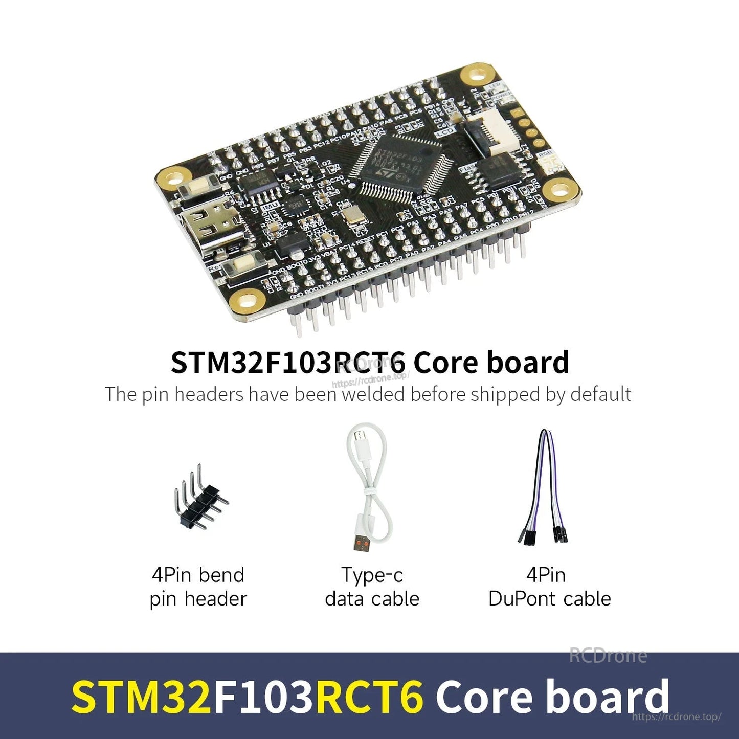 STM32F103RCT6 core board kit contents: board with headers, 4-pin bent header, USB-C data cable, 4-pin Dupont cable