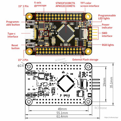 STM32F103RCT6 core board labeled diagram with Type-C, SWD, TFT interface, external flash, and size dimensions