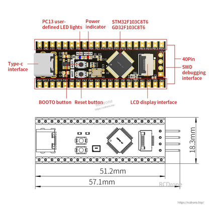 STM32F103C8T6 core board labeled diagram showing Type-C port, SWD header, TFT FPC connector, and dimensions