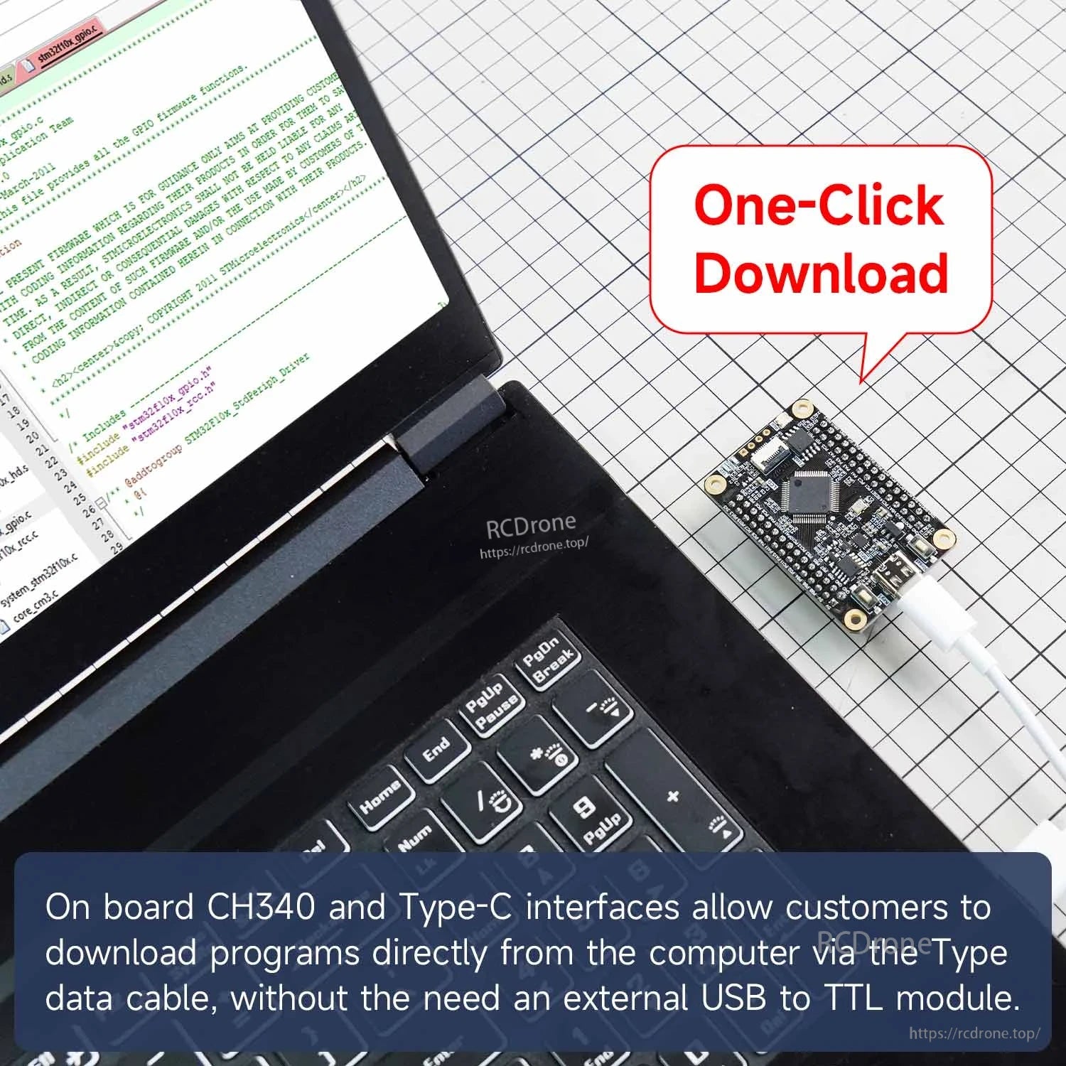 STM32 core board connected to laptop via USB Type-C for CH340 one-click program download demonstration