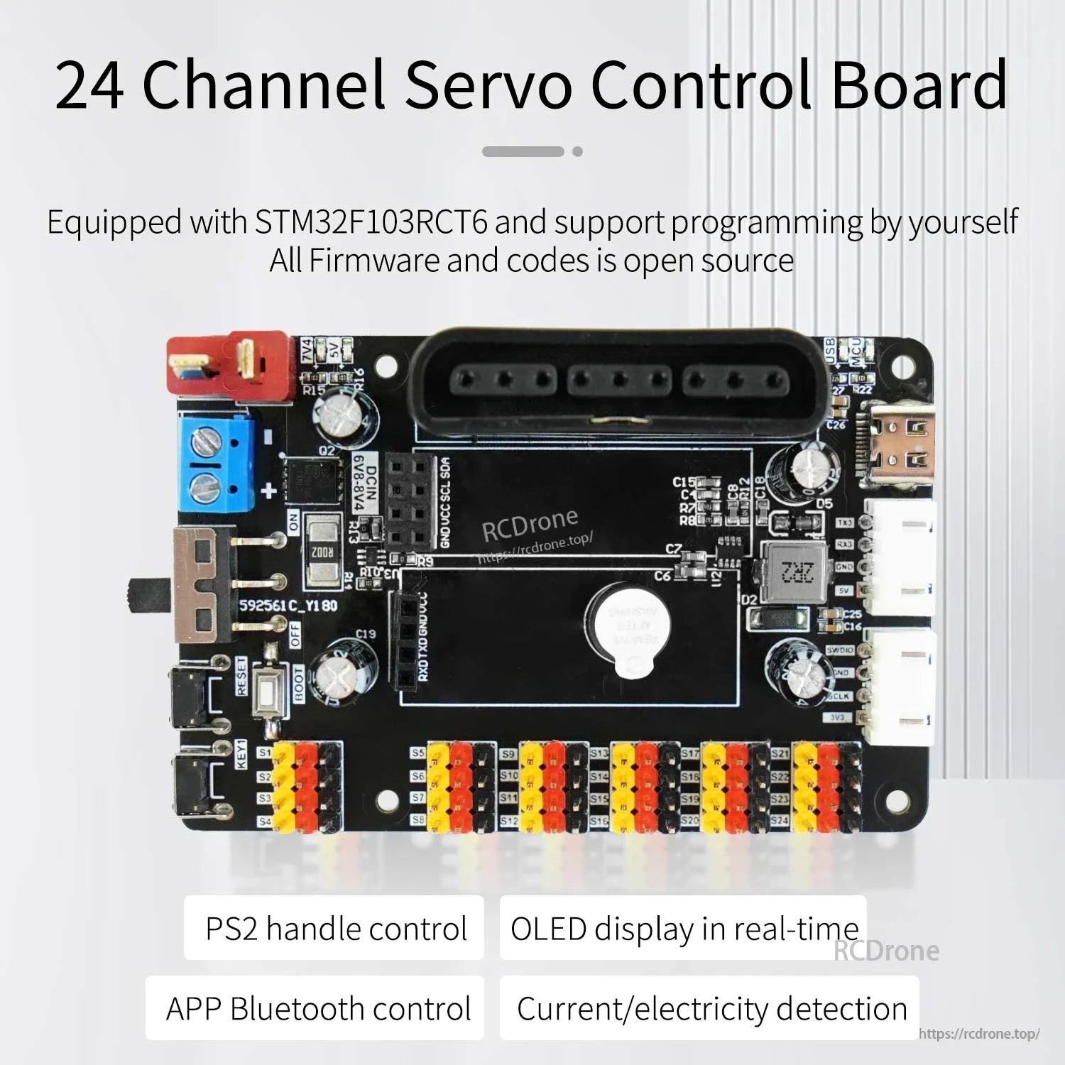 Yahboom STM32F103RCT6 24 Channel Servo Control Board feature overview graphic with board photo