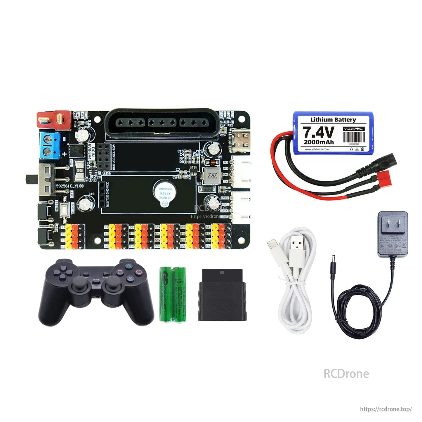 Full kit contents: servo control board, 7.4V battery, gamepad, receiver module, USB cable, power adapter