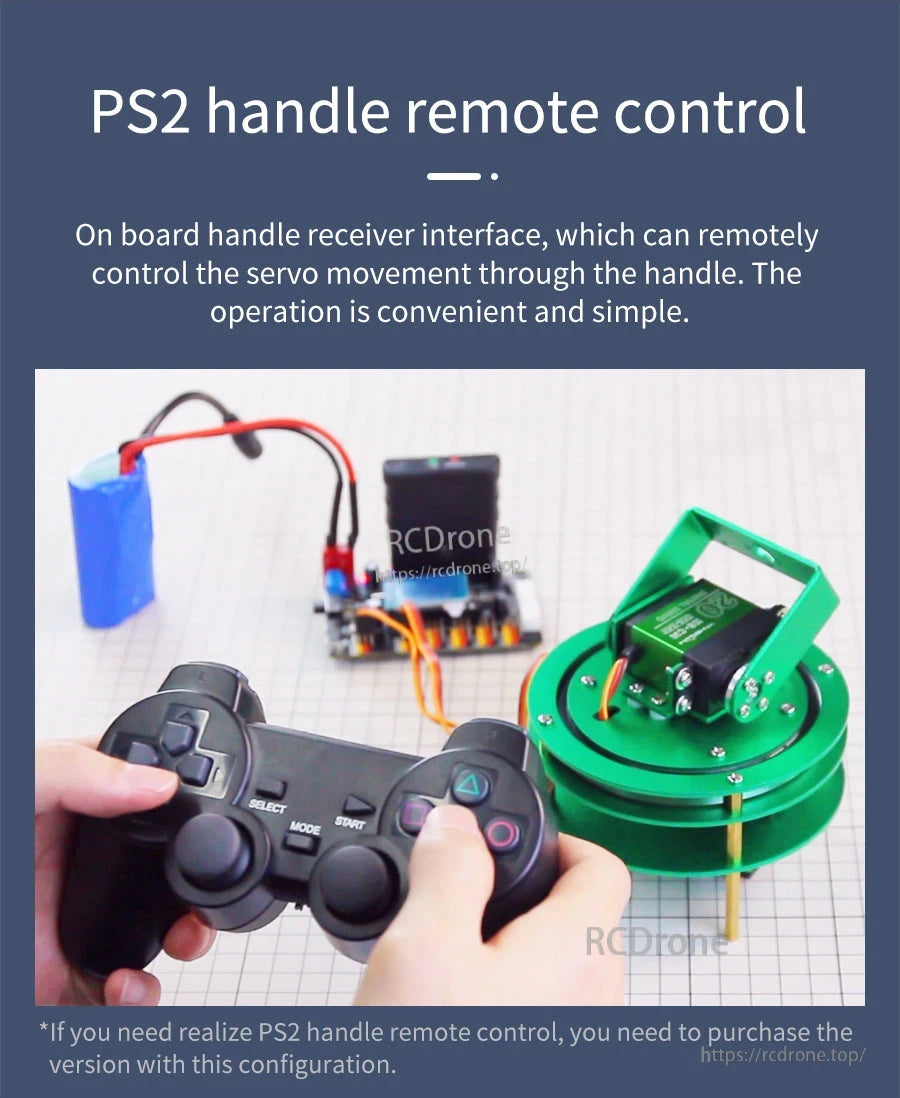 PS2 handle remote control demo with receiver interface controlling a servo setup via wireless gamepad