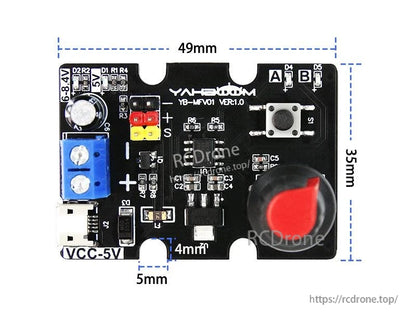Yahboom Single-Channel Dual PWM board dimensions diagram showing 49mm x 35mm size and mounting cutouts