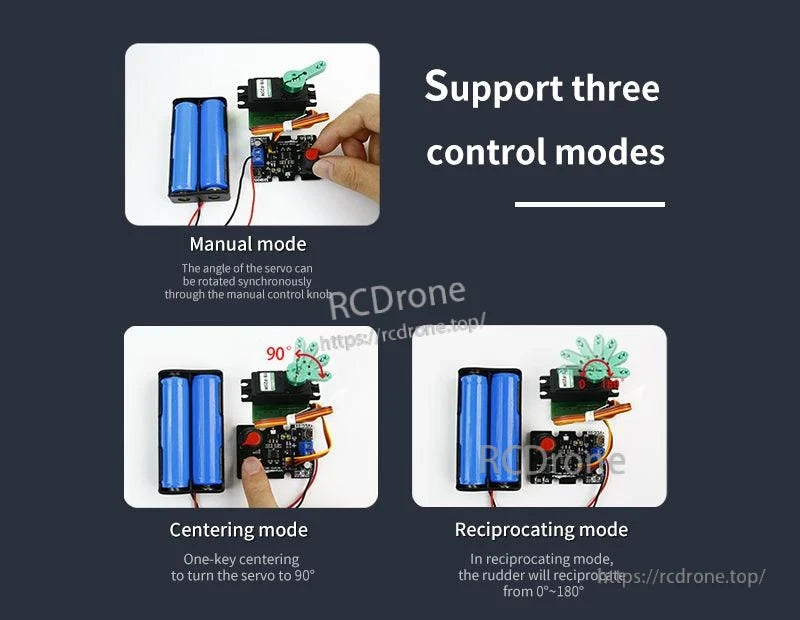 Control modes infographic for the servo controller: manual mode, centering to 90°, and reciprocating 0–180°