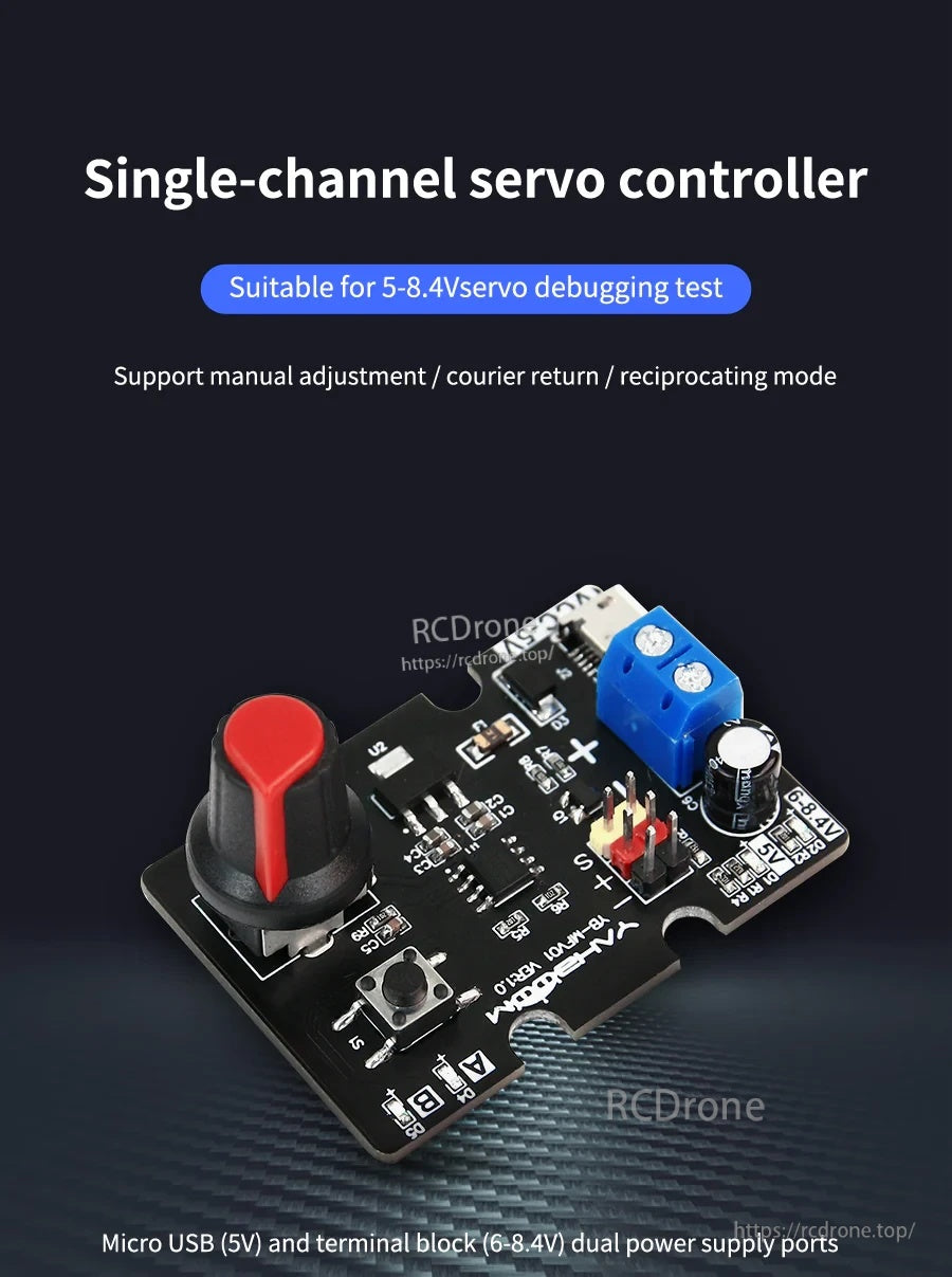 Yahboom Single-Channel Dual PWM servo controller board with knob, mode button, and dual servo outputs