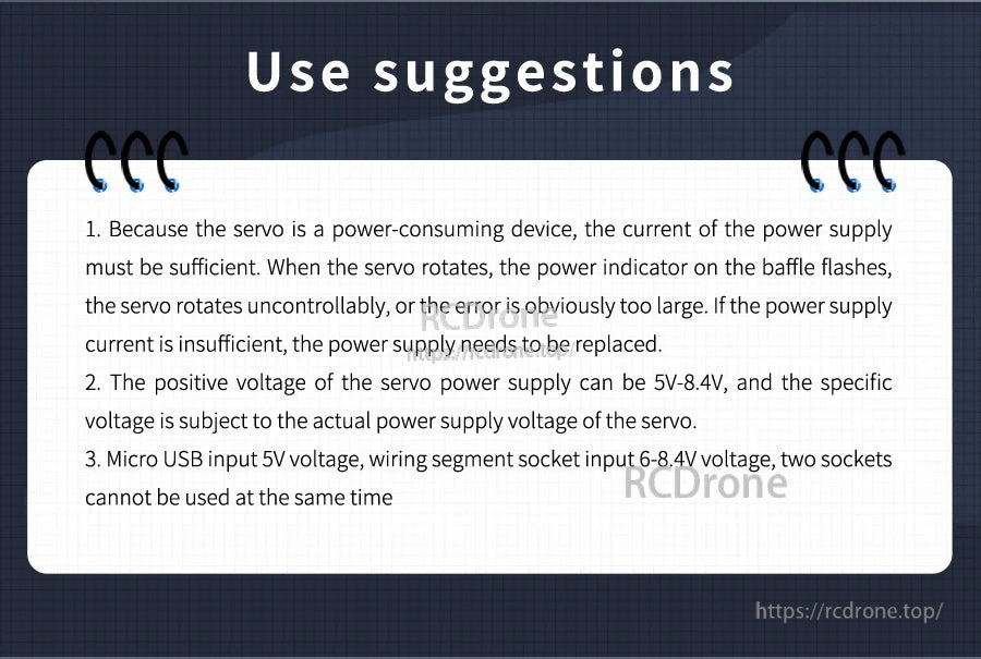 Usage suggestions note about sufficient power current, servo voltage, and not using both power inputs together