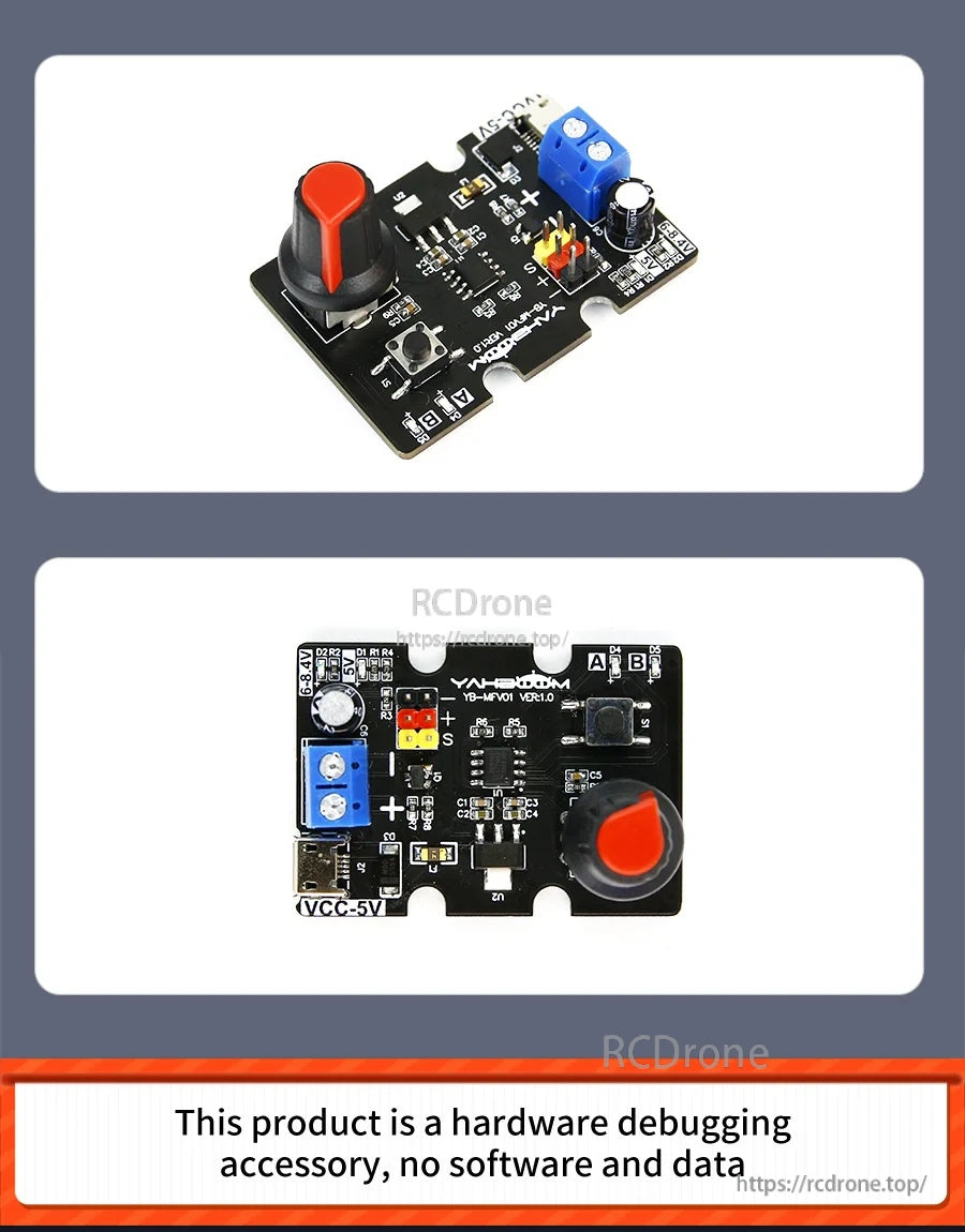 Two-angle product views of the Yahboom servo debugging board showing knob, terminal block, and Micro USB port