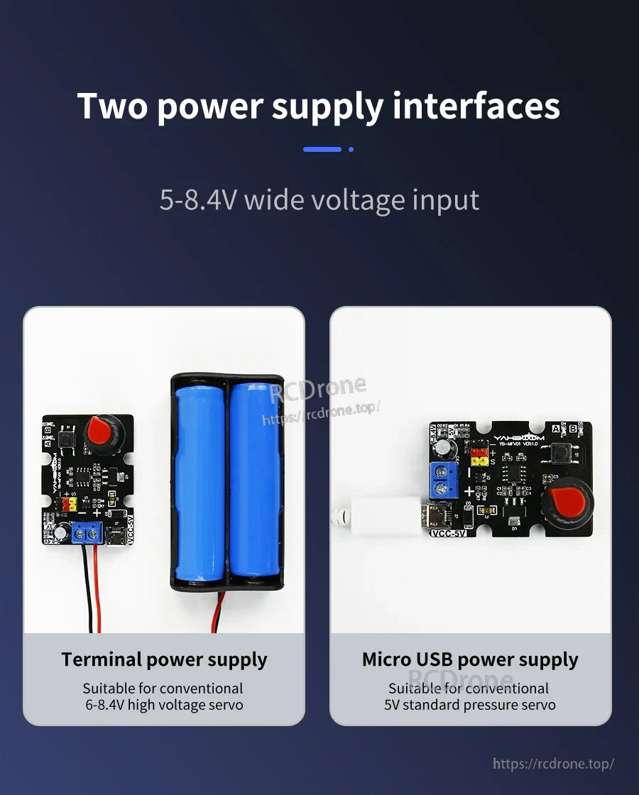 Two power options: KF301 terminal block (6–8.4V) and Micro USB 5V input for servo testing