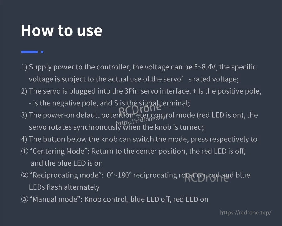 How-to-use steps for connecting power and a 3-pin servo and switching between control modes