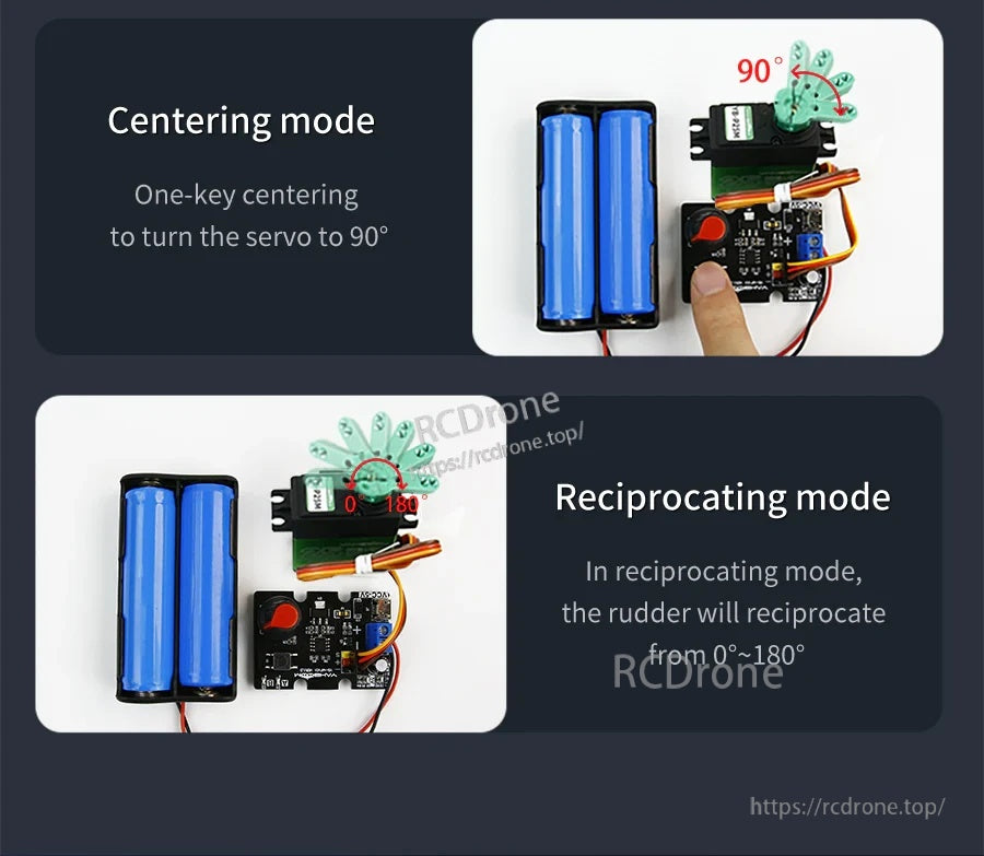 Centering (90°) and reciprocating (0–180°) mode examples using the mode switch button with a servo