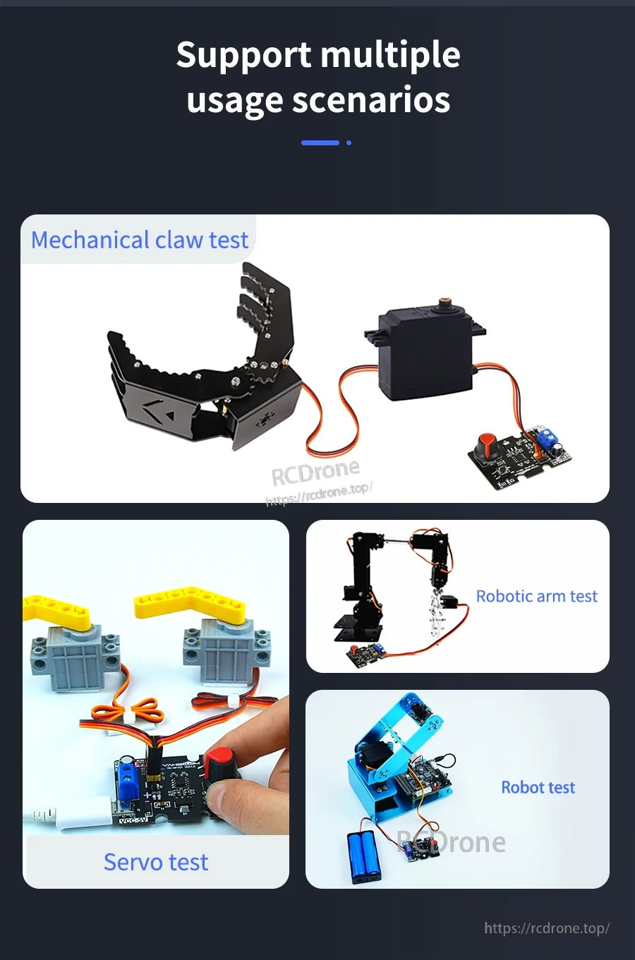 Example applications: servo test, mechanical claw, robotic arm, and robot motion debugging with the controller