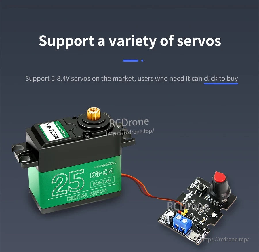 Controller connected to a high-torque digital servo, highlighting 5–8.4V servo compatibility