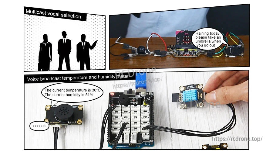 Application collage showing voice selection and a sensor project broadcasting temperature and humidity results
