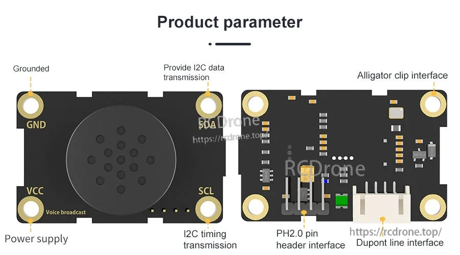 Yahboom XFS5152CE I2C speech synthesis module with onboard speaker, GND/VCC/SDA/SCL pads and PH2.0/DuPont ports