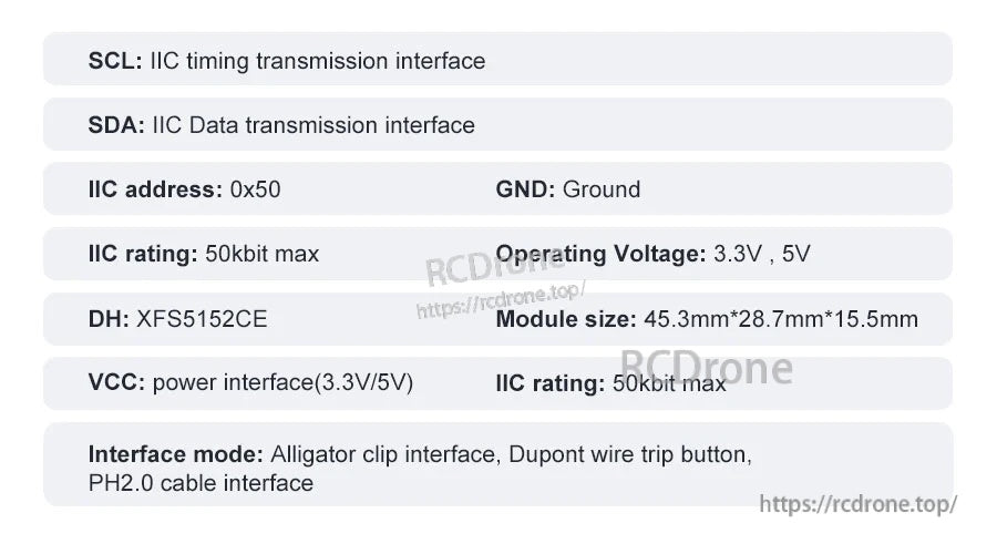 Yahboom XFS5152CE I2C speech synthesis module specs listing SDA/SCL, 0x50 address, 3.3V/5V, PH2.0/DuPont/alligator