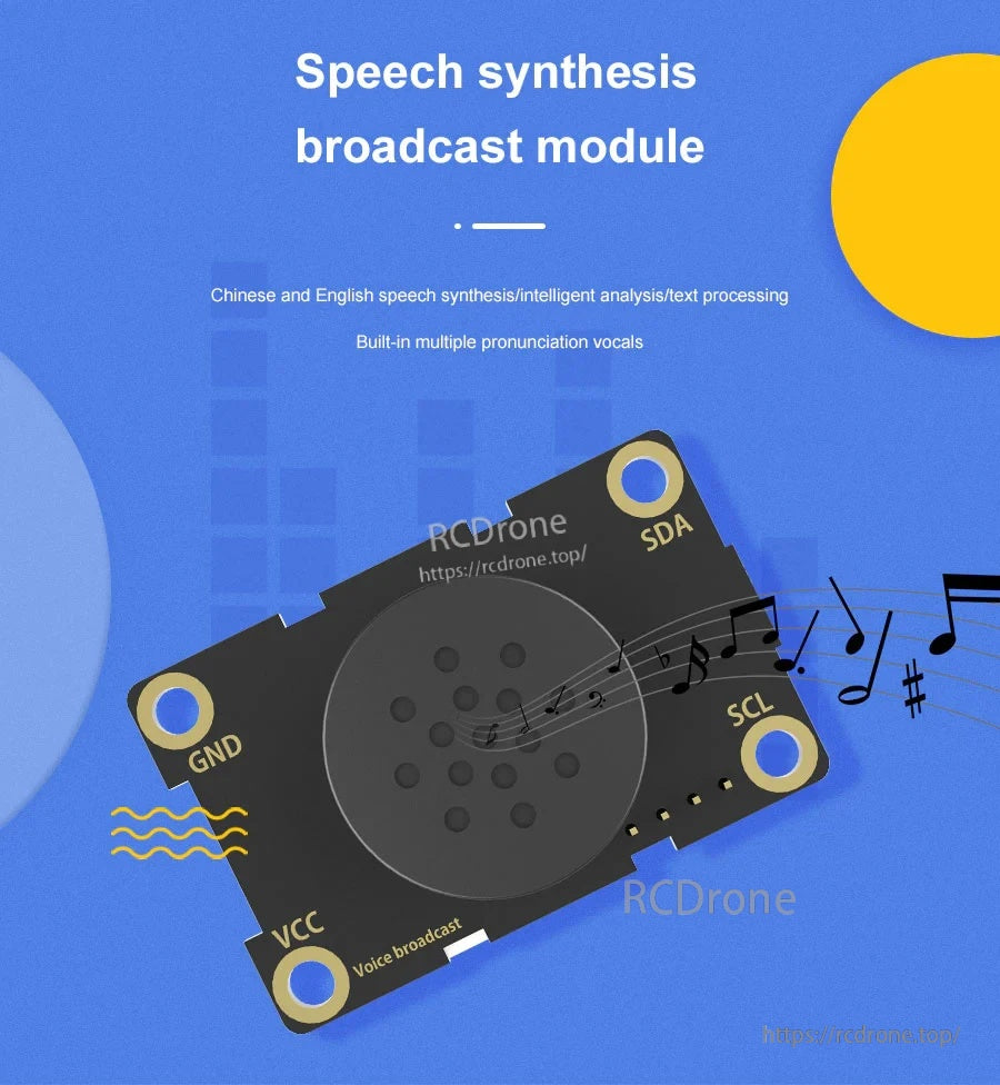 Yahboom speech synthesis broadcast module board view with labeled GND, VCC, SDA and SCL pads