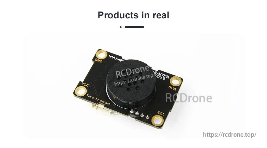 Yahboom XFS5152CE I2C voice broadcast module PCB with round speaker and SDA/SCL, VCC and GND pads