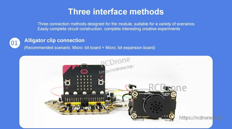 Alligator clip connection example between micro:bit expansion board and the speech synthesis module