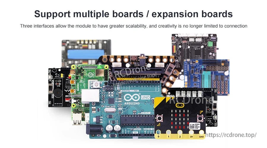 Collage of supported controllers and expansion boards including Arduino Uno and micro:bit ecosystems