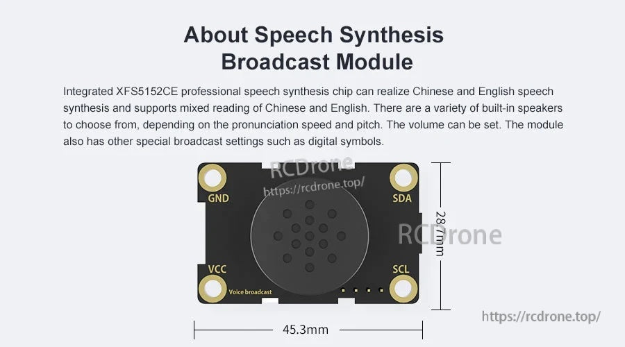 Board dimensions for Yahboom speech synthesis broadcast module, 45.3mm by 28.1mm footprint