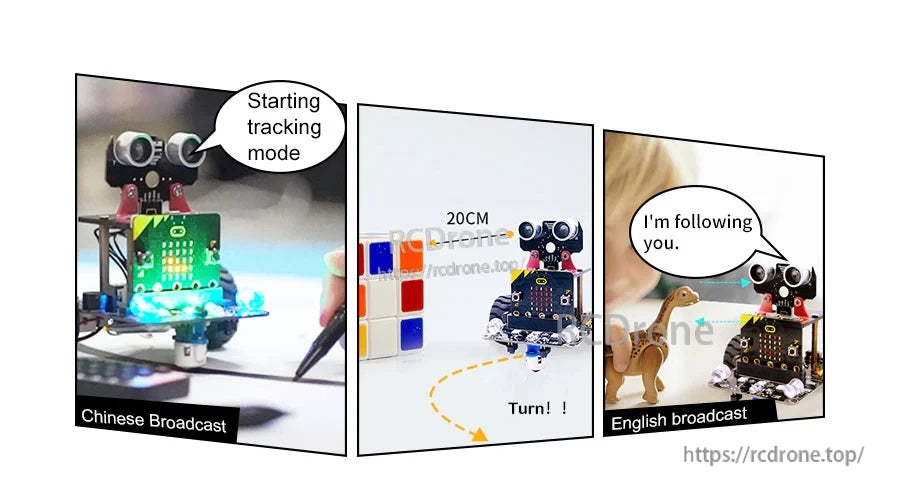 Tracking robot examples using Chinese broadcast and English broadcast voice prompts during motion