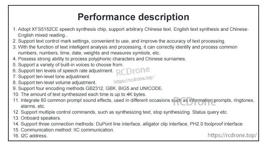 Performance feature list for XFS5152CE speech synthesis module including encodings and 4K text limit