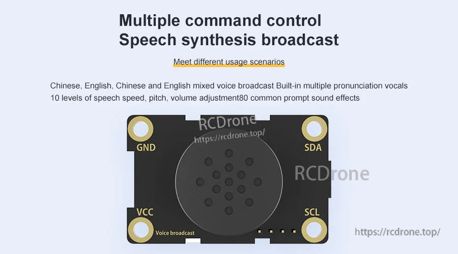 Command-controlled speech synthesis broadcast module graphic noting adjustable speed, pitch and volume levels